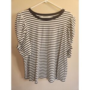 Modern Works Womens XL Striped Puff Sleeve T-Shirt Navy White Pleated Knit Top